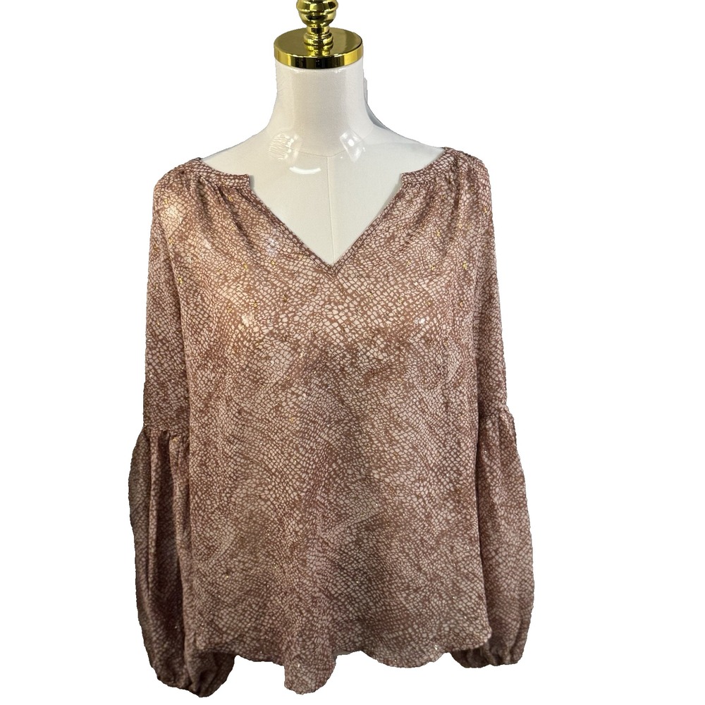 Lovestitch Top Medium Muave Boho Bell Sleeve Split Neck Metallic Detail Sheer
